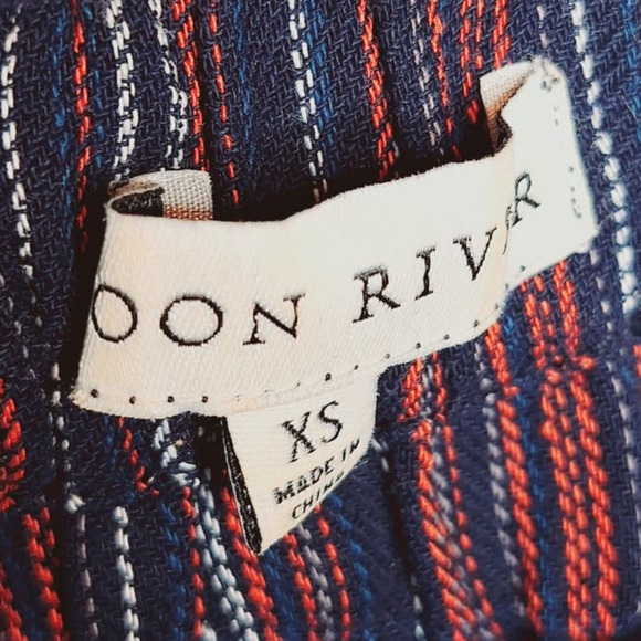 Moon River Smocked Tiered Off Shoulder Mini Dress XS Peasant Red White Blue Boho - Picture 6 of 11